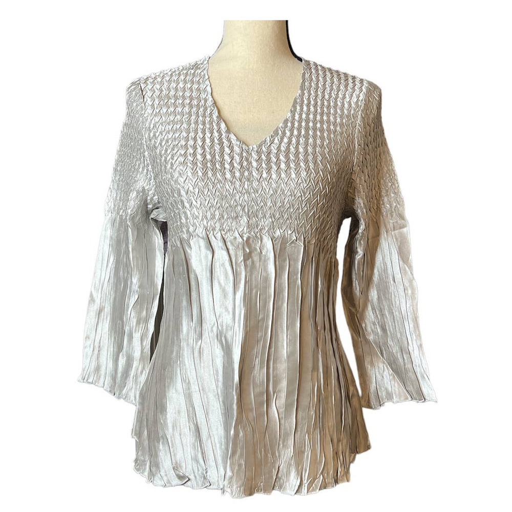 Essentials by Milano Blouse in Silver Material Pleated and Tucked Size Medium